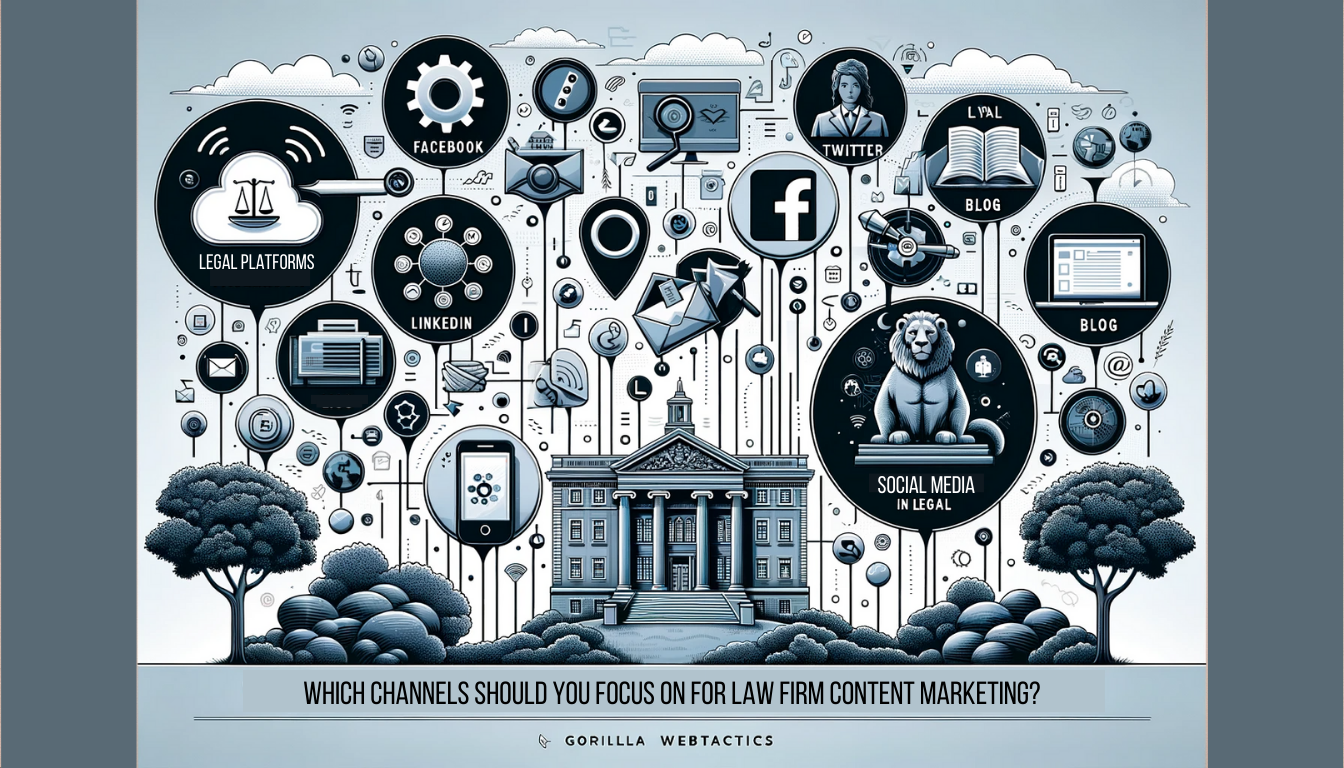 Visual representation of content marketing channels for law firms, with icons of social media platforms, a blog symbol, an email icon, and digital marketing tools, combined with legal imagery.