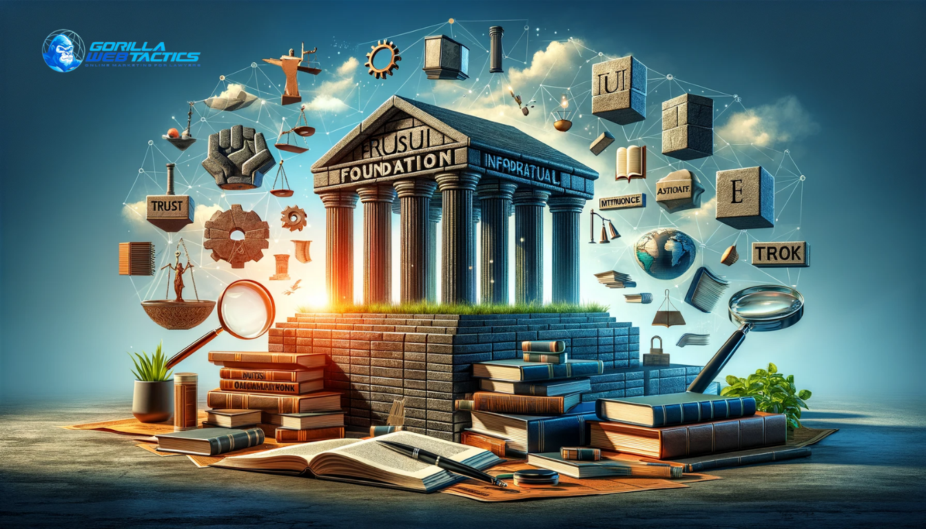 Image depicting the foundation of content for a law firm with blocks or pillars labeled 'Trust', 'Expertise', and 'Authority', and informational tools like books and legal documents, symbolizing the importance of robust content in establishing a law firm's credibility.