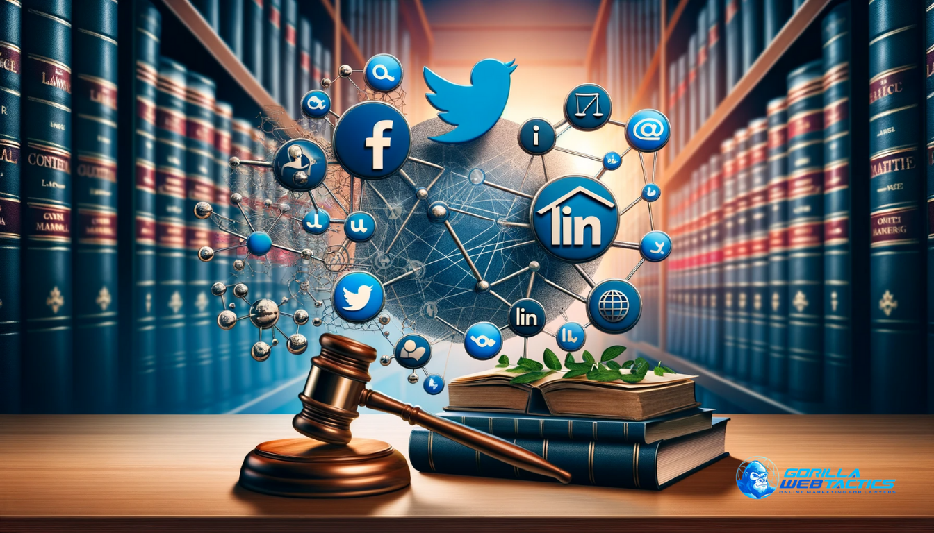 Image depicting the use of social media in legal content marketing, with symbols representing popular social media platforms and legal elements like a gavel and legal books, highlighting the engagement and amplification of content.