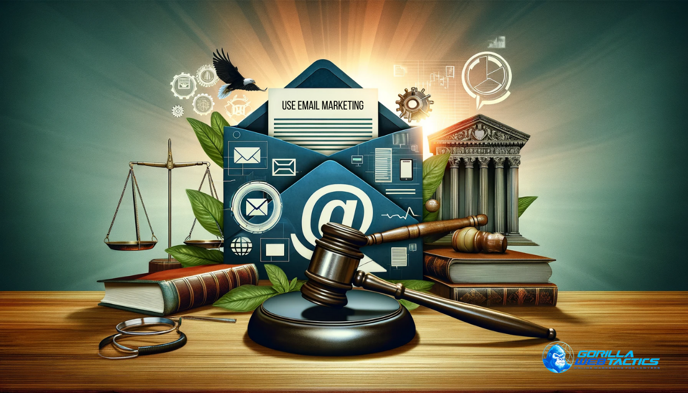 Image showing the integration of email marketing in a law firm's strategy, with an email envelope, newsletter layout, and digital communication symbols, complemented by legal elements like a gavel and legal books.