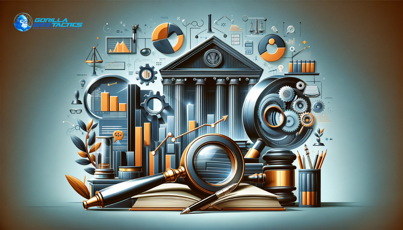 Image depicting the evaluation of content marketing effectiveness in a law firm, with graphs, charts, and a magnifying glass for analysis, alongside legal elements like a gavel and legal books.