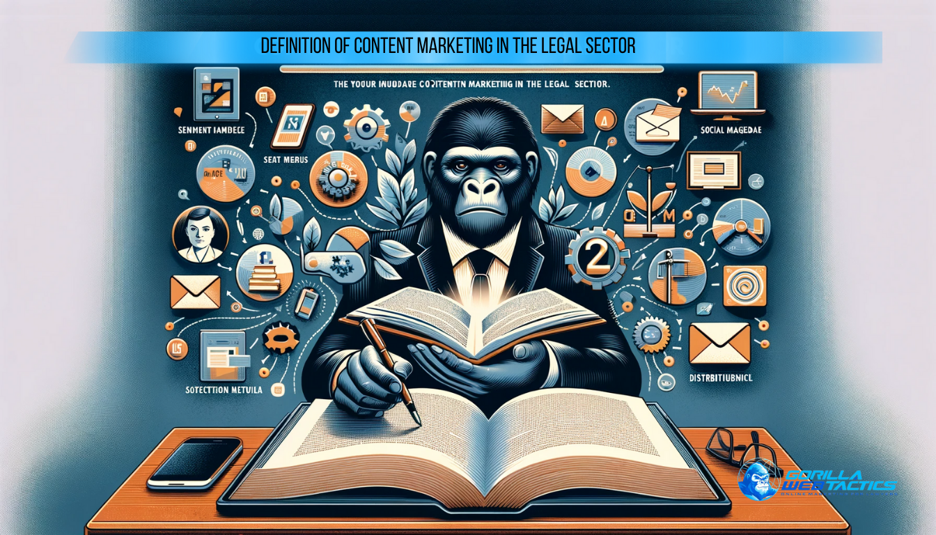 Visual representation of content marketing in the legal sector, featuring an open book or digital tablet with content, social media and email icons, and legal symbols.