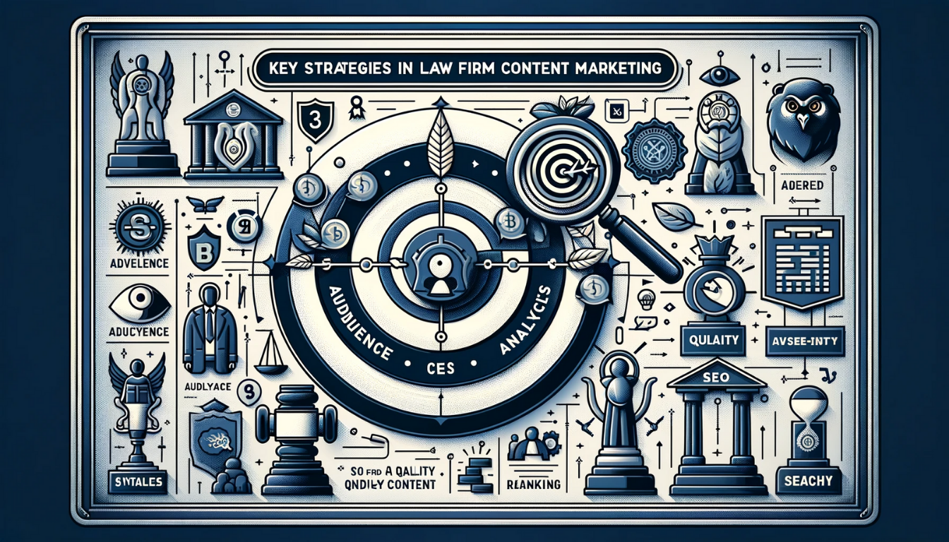 Image showcasing key strategies in law firm content marketing, featuring symbols for audience analysis, quality content, and SEO, combined with legal imagery.