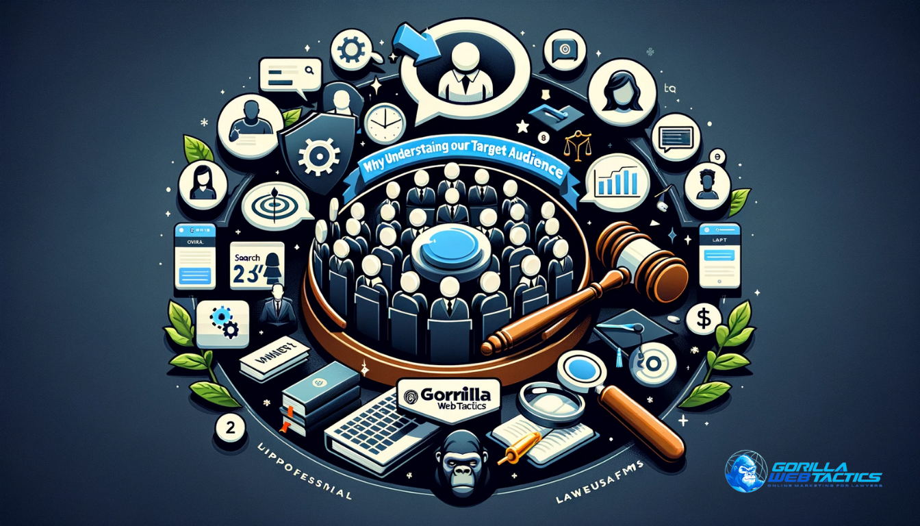 Image depicting the importance of understanding the target audience in law firms, with demographic figures, digital interaction symbols, and legal elements.