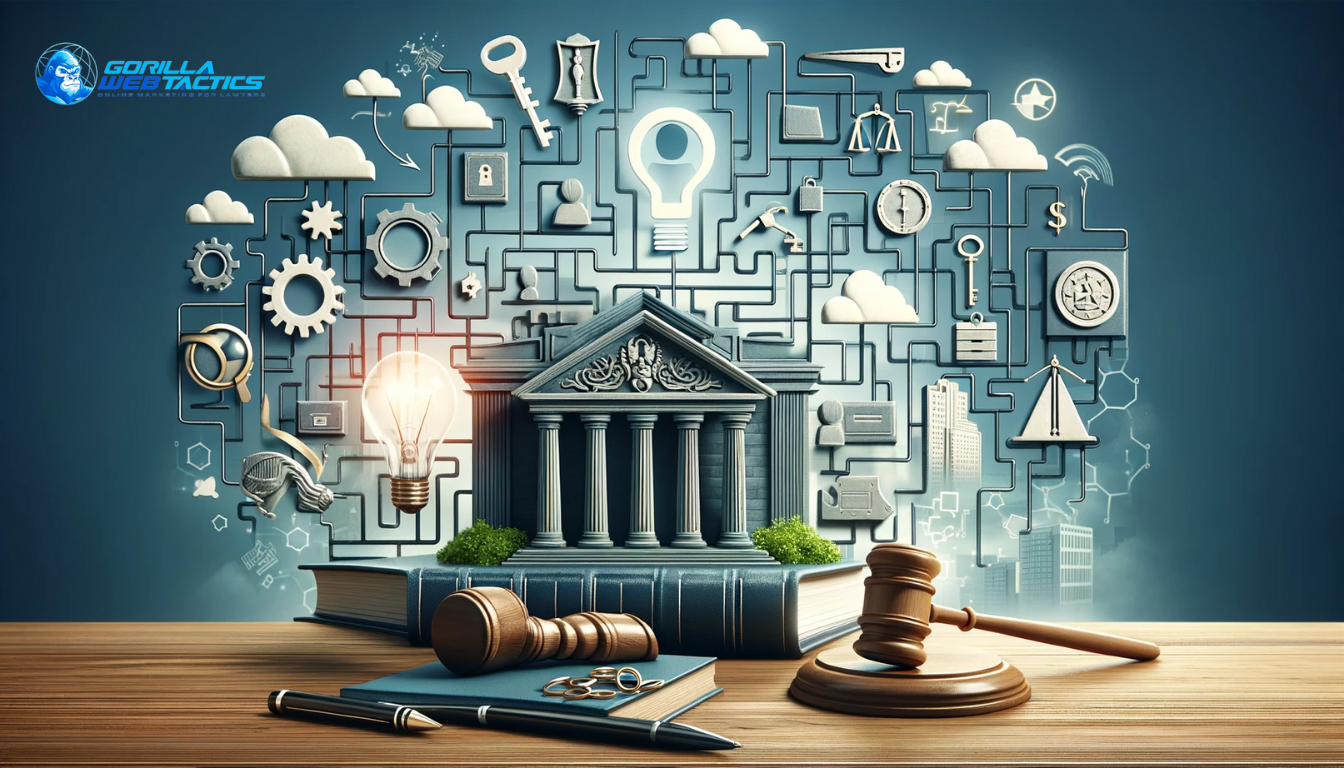 Image illustrating challenges and solutions in law firm content marketing, with a maze and puzzle pieces representing challenges, and a lightbulb and key for solutions, alongside legal symbols like a gavel and books.