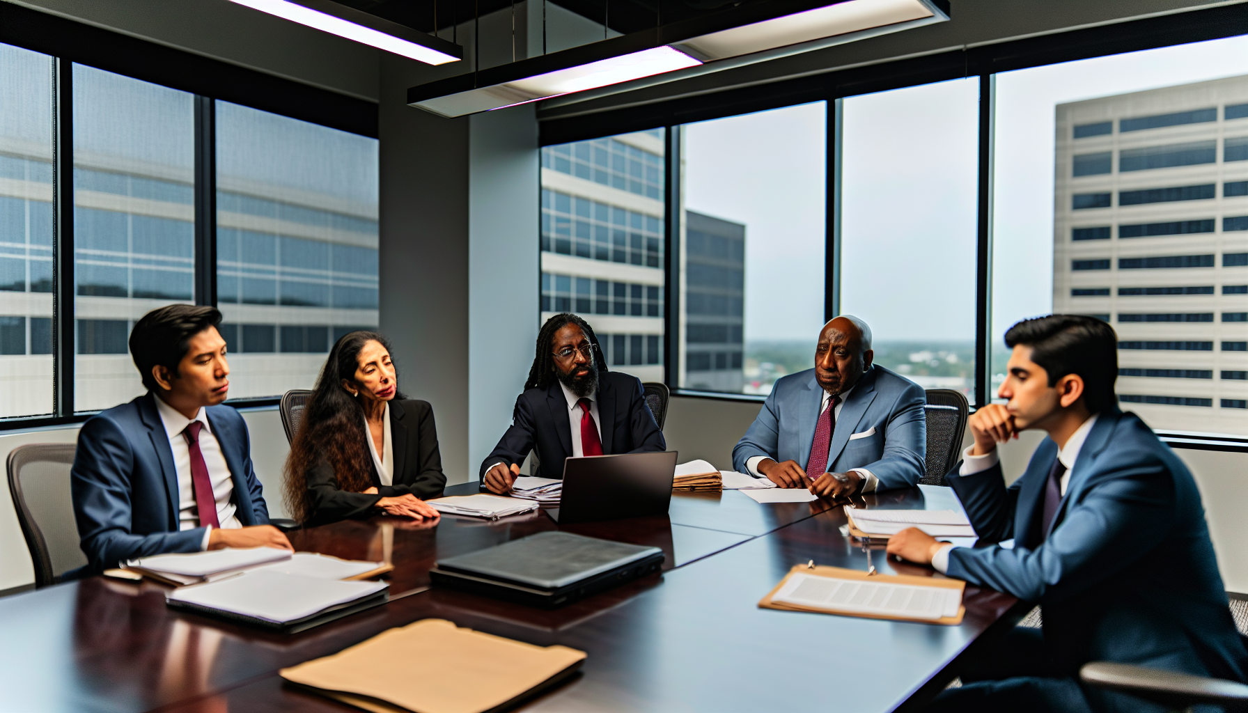 A diverse team of lawyers discussing growth strategies for a law firm