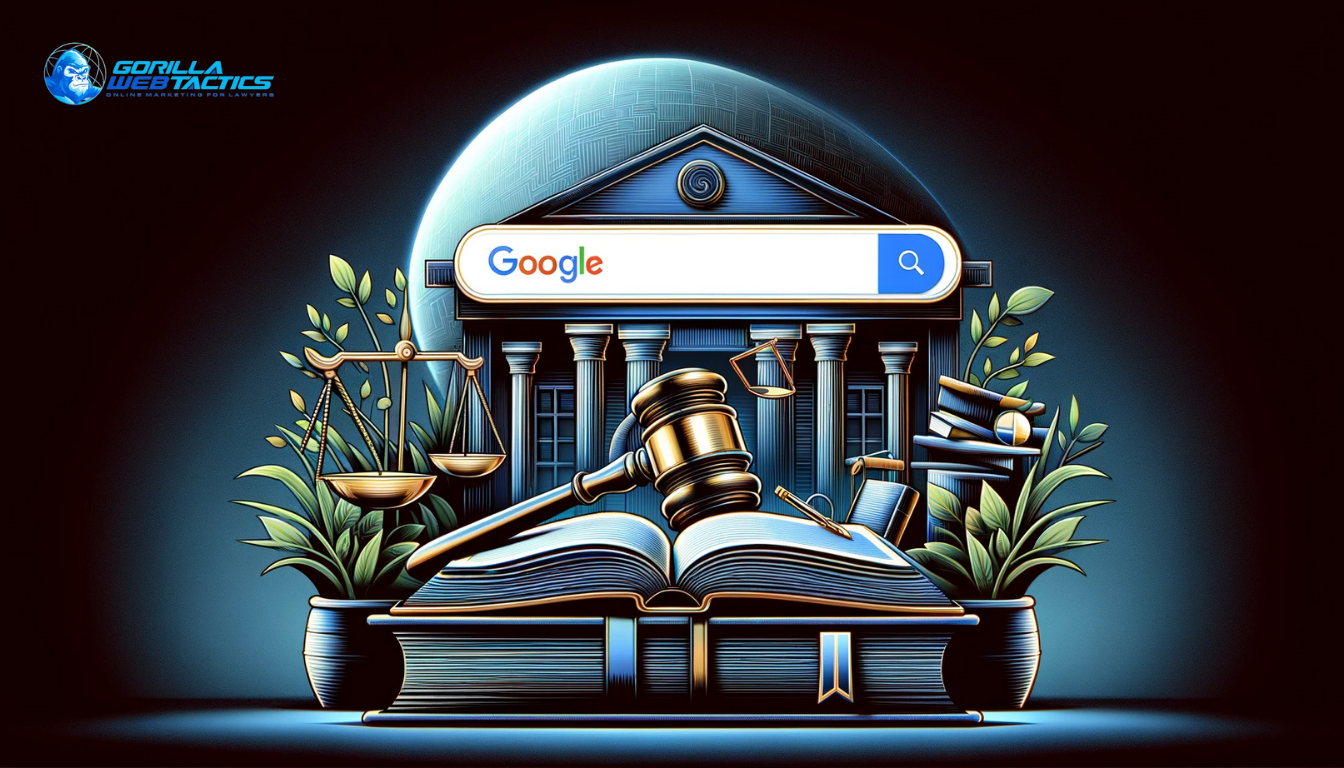 Image showing law firm content in a Google featured snippet, with a search engine results page and a highlighted snippet box containing legal content, and background symbols like a gavel and legal books, illustrating visibility and authority in search results.