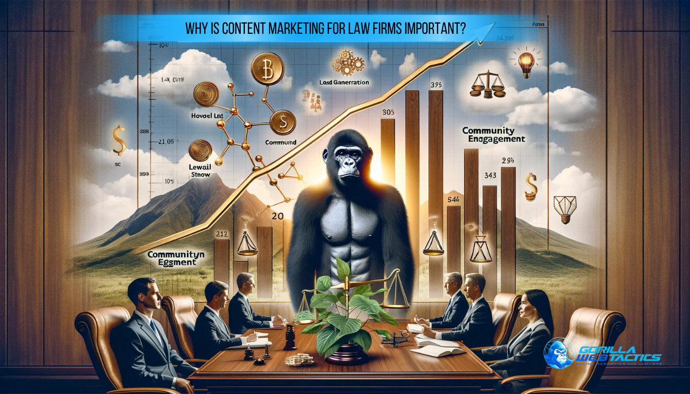 Conceptual image depicting the benefits of content marketing in law, with symbols of growth, community engagement, and legal elements.