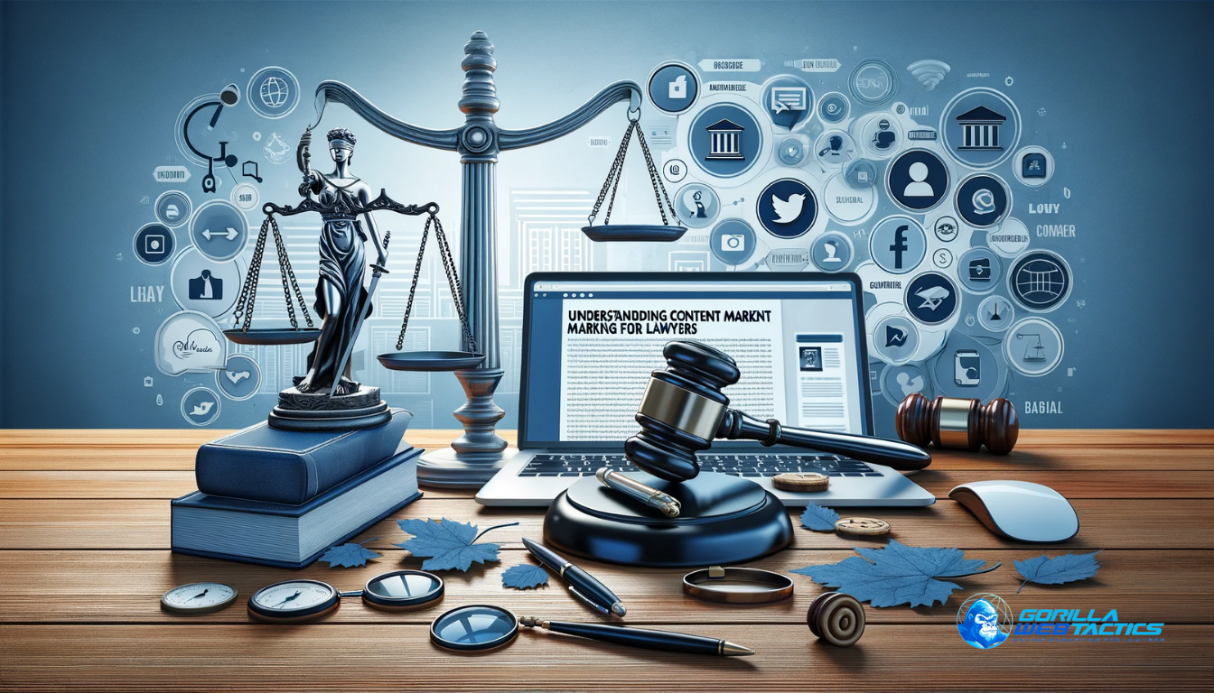 Digital marketing tools and legal symbols, including a gavel, scales of justice, and a laptop with blog visuals.