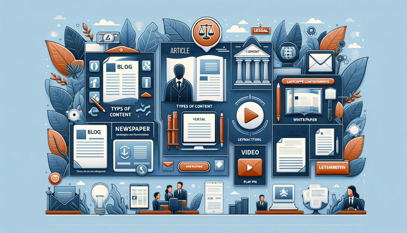 Visual representation of different content types in legal marketing, featuring symbols for a blog post, article, newsletter, video, and infographics.
