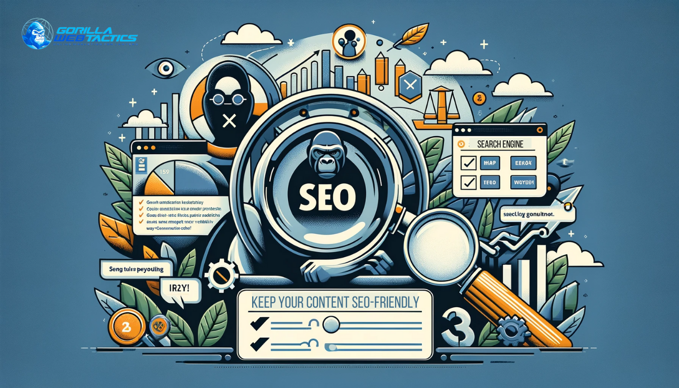 Image showing SEO optimization in legal marketing, with a magnifying glass over keywords, an SEO best practices checklist, and a visibility graph, combined with legal imagery.