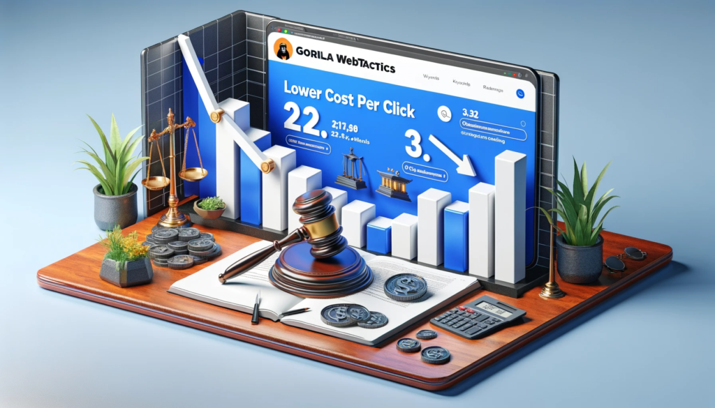 A landscape image illustrating the concept of lowering Cost Per Click in PPC campaigns for law firms. The central focus is a graph showing a downward trend in CPC, surrounded by digital advertising elements like PPC ads and keywords, and legal symbols such as a gavel and scales of justice. The image conveys the strategic balance of cost-efficiency and effectiveness in legal digital advertising, with a professional and modern design.