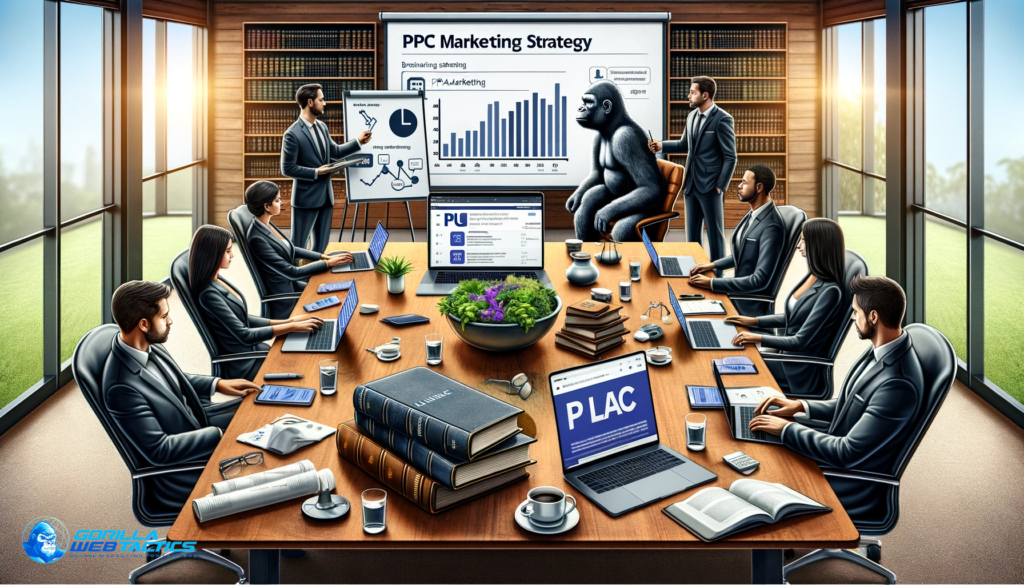 a scene of a digital marketing team brainstorming and strategizing around a conference table, with elements like laptops displaying PPC analytics, legal books or documents, and a whiteboard or screen with strategy notes.