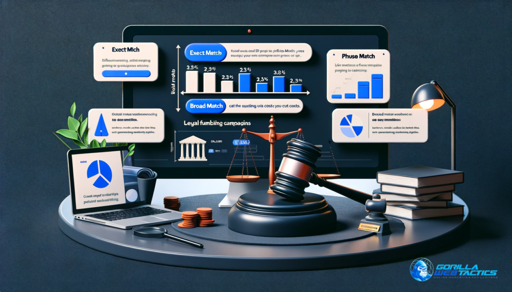 A landscape image showcasing the use of different match types in PPC campaigns for cost efficiency in law firms. The image features a computer screen displaying match types like exact match, phrase match, and broad match, alongside a graph depicting cost effectiveness. Legal symbols such as a gavel and scales of justice are integrated, emphasizing the legal marketing context. The composition conveys strategic keyword targeting for optimizing ad spend, rendered in a professional, modern style.