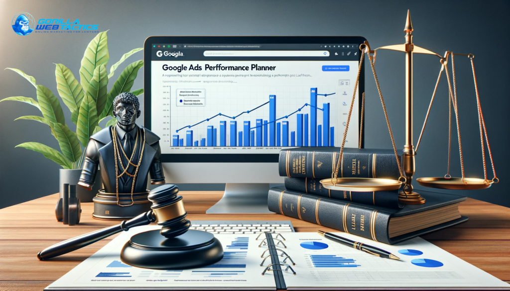 A landscape image depicting the strategic use of Google Ads Performance Planner in law firm PPC campaigns. The composition includes a digital planner, graphs showing projected PPC campaign performance, and a computer screen with the Google Ads interface. Legal motifs like a gavel and scales of justice are integrated, highlighting the intersection of legal marketing and digital advertising.