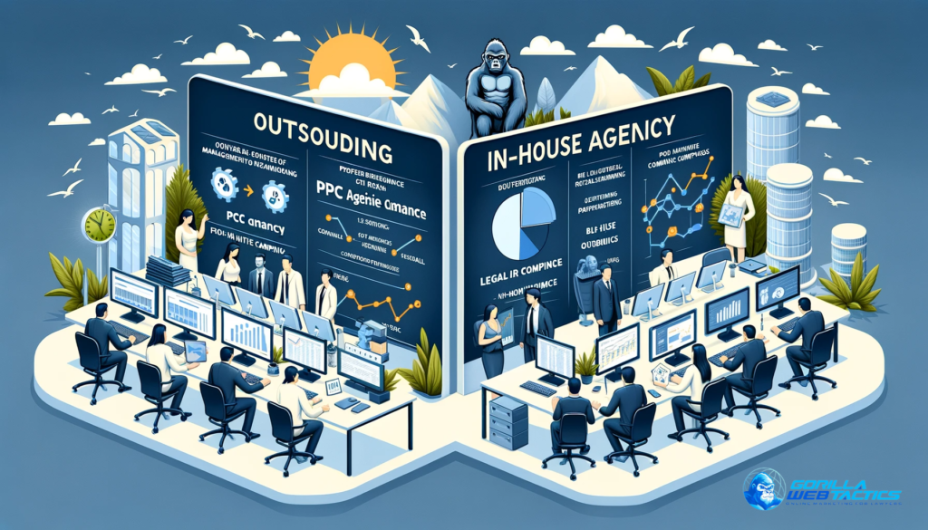 A landscape image showcasing the comparison between outsourcing and in-house management of PPC campaigns for law firms. The split-screen style composition features a professional PPC agency team on one side, equipped with computers showing PPC analytics, and an in-house legal team on the other side, surrounded by legal documents and working on a campaign. The image visually contrasts the two approaches to PPC campaign management, highlighting the decision-making process.