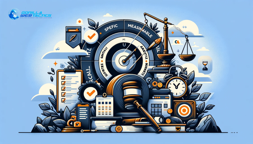 A landscape image illustrating the SMART criteria for PPC campaigns in law firms. The image features a checklist, a dart hitting the bullseye of a target, and a calendar, symbolizing the importance of specific, measurable, achievable, relevant, and time-bound goals in digital marketing. Legal motifs like a gavel and scales of justice are integrated, emphasizing the legal context.