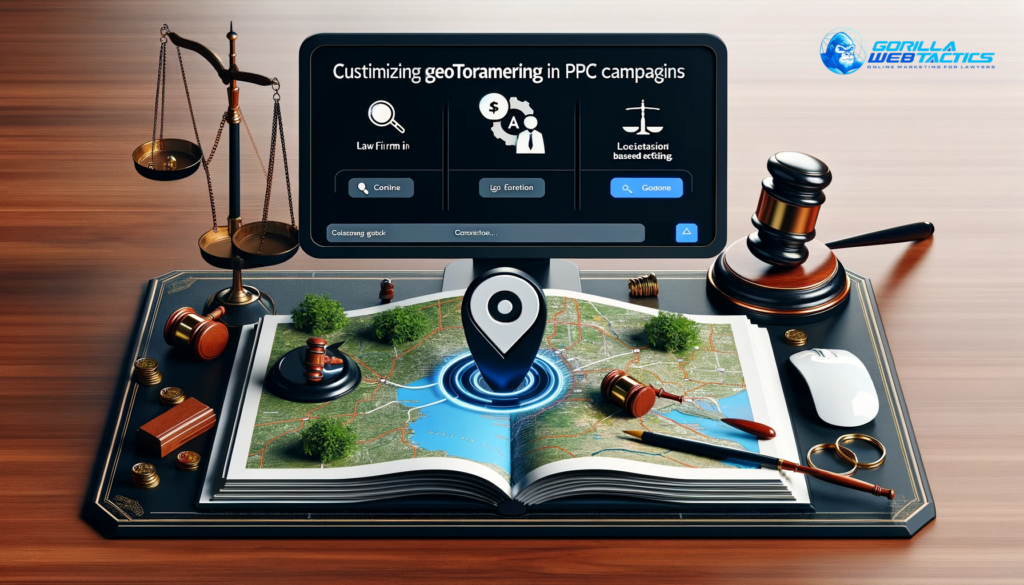 A landscape image illustrating the strategy of geotargeting in PPC campaigns for law firms. The image features a detailed map with a pinpoint marking a specific geographic area, symbolizing precise location targeting. A computer screen displays location-based ad settings, and legal symbols like a gavel and scales of justice are included to emphasize the legal industry context. The composition highlights the importance of customizing PPC ads to a law firm's specific geographic area, rendered in a professional, modern style.