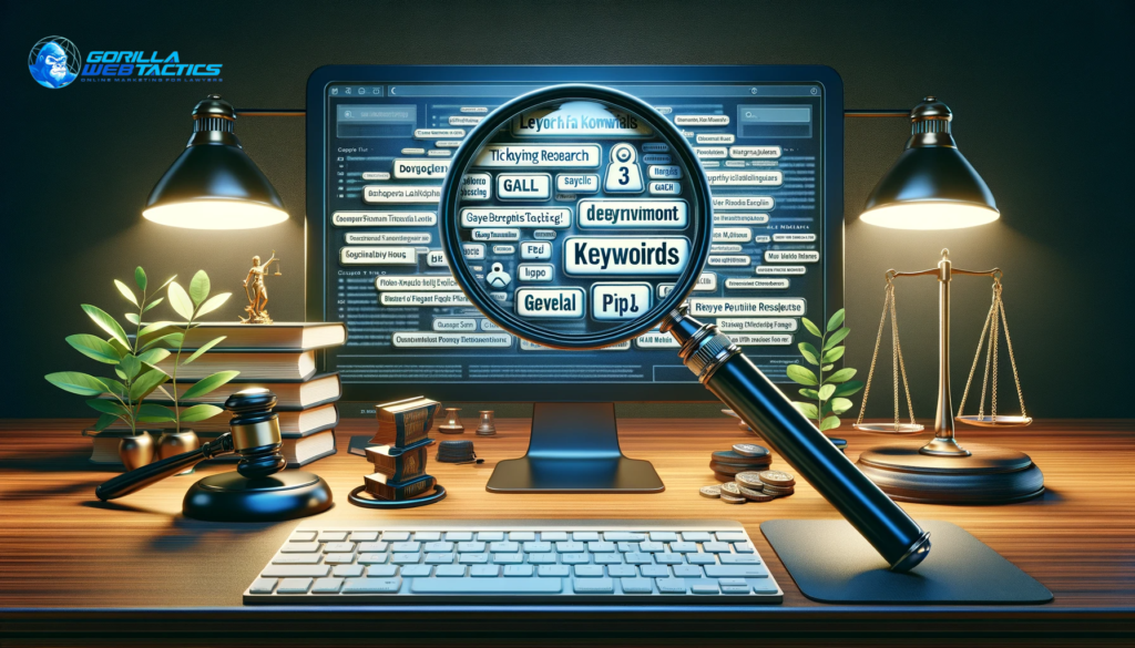A landscape image depicting the crucial task of targeting the right keywords for law firm PPC campaigns. Central to the composition is a magnifying glass focusing on a list of keywords, symbolizing thorough research and careful selection. A computer screen displays keyword research tools, and legal symbols like a gavel and scales of justice are integrated, representing the legal industry. The image conveys the significance of precise keyword targeting in digital marketing for legal services, designed in a professional, modern style.