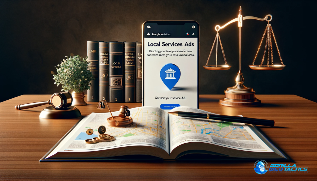 A landscape image depicting the use of Google Local Services Ads for lawyers. The composition features a digital device displaying local service ads, a map highlighting a specific service area, and legal imagery like a courthouse and legal symbols, symbolizing a law firm's local presence. The image conveys the advantage of tailored local advertising for legal services, designed in a professional, modern style.