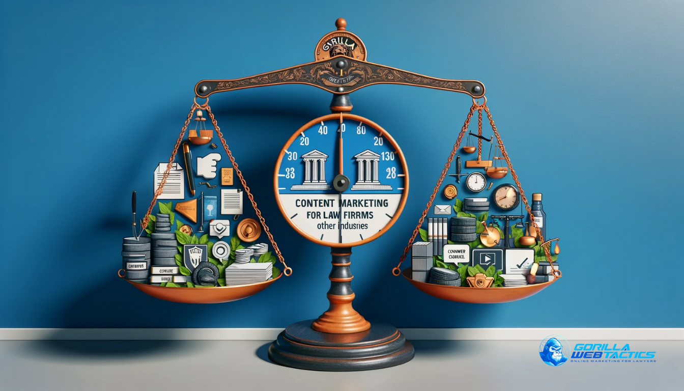 A balance scale contrasting typical marketing elements on one side with legal-specific elements on the other, depicting the uniqueness of content marketing in the legal industry.