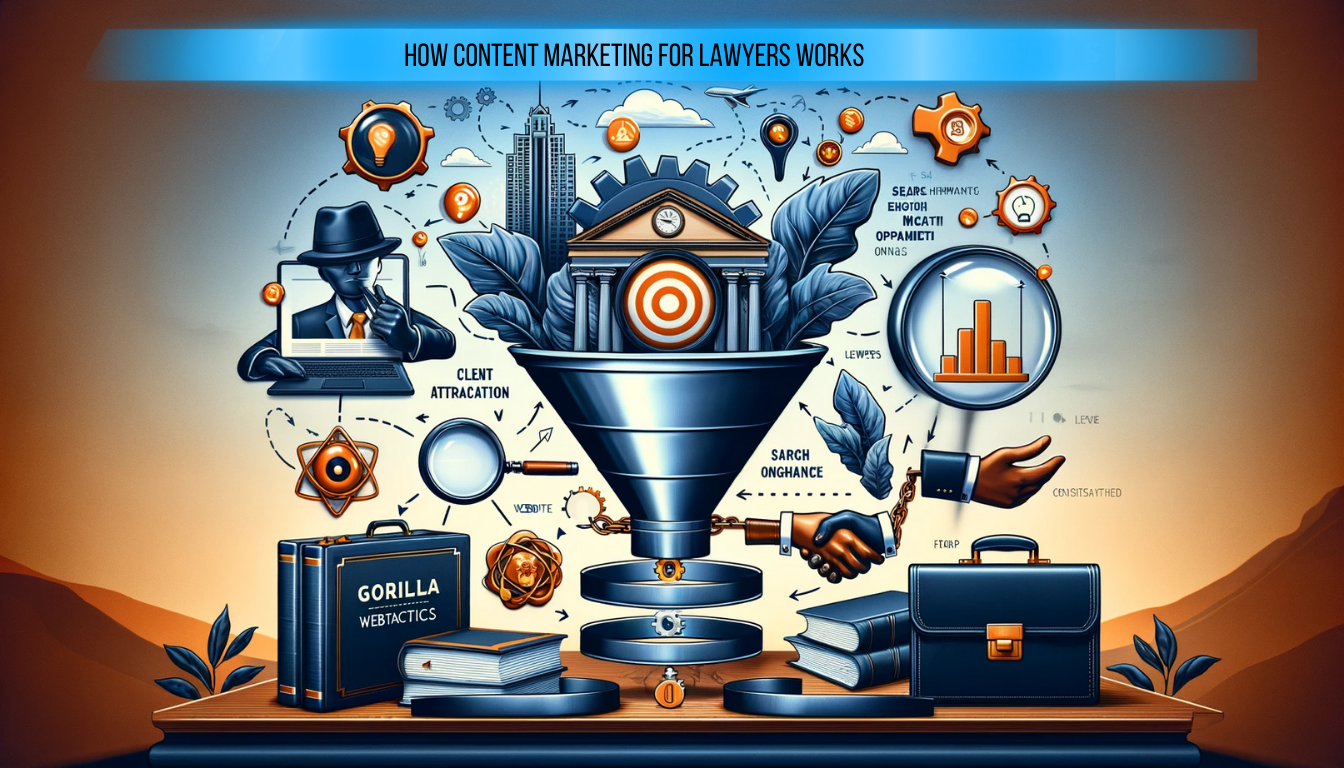 Illustration of content marketing mechanics in law, featuring a funnel, magnifying glass over a website, handshake, and legal briefcase.
