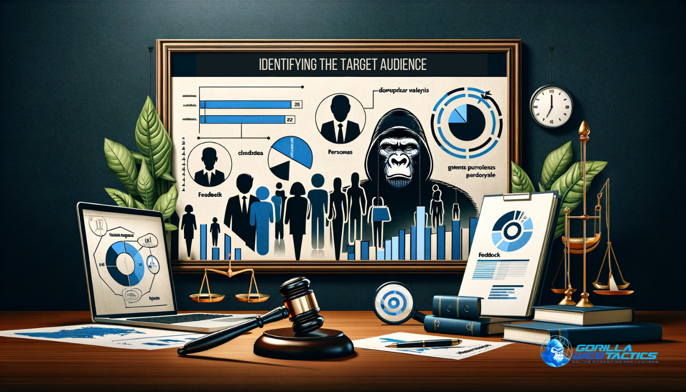 Illustration of identifying the target audience in a law firm, featuring charts for demographic analysis, client personas, and feedback tools, integrated with legal symbols.