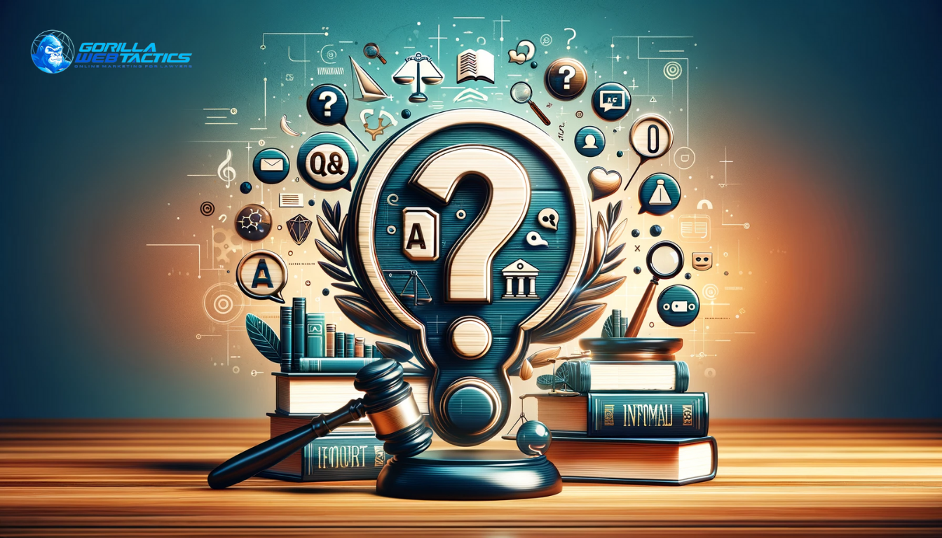 Image depicting the FAQ section in law firm content marketing, with question marks, a Q&A dialogue bubble, and an information icon, integrated with legal symbols like a gavel and legal books.