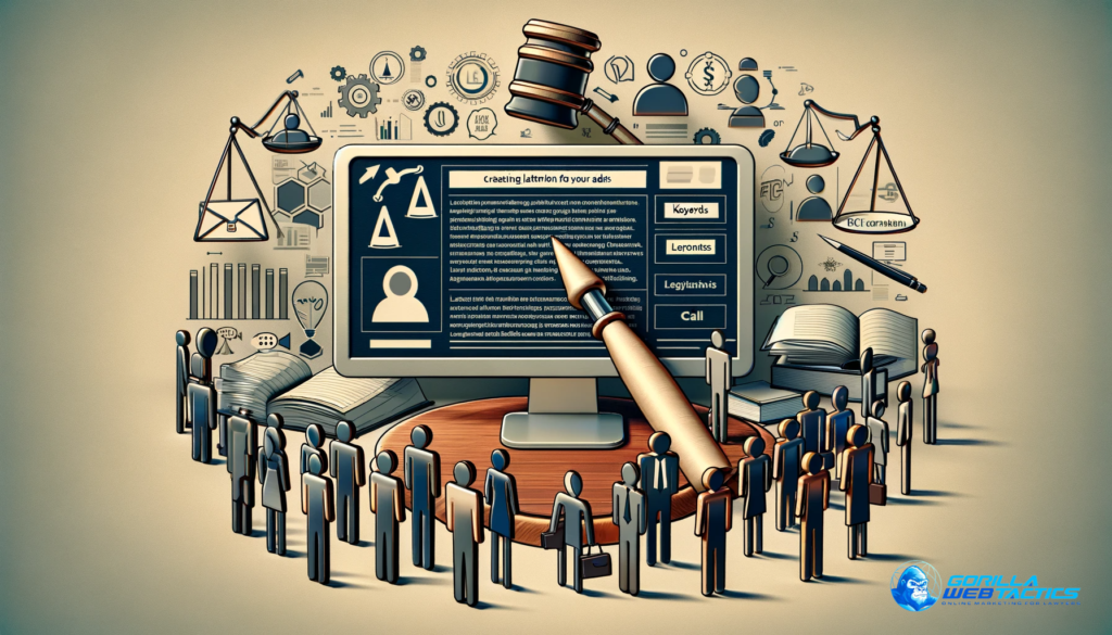 A landscape image depicting the creation of effective PPC ads for a law firm's target audience. Central to the composition is a computer screen displaying a draft ad with highlighted keywords and a clear call to action. Surrounding the screen are abstract figures or avatars representing various client demographics, symbolizing the diverse target audience. Legal symbols like a gavel and scales of justice are included, reinforcing the legal industry context. The image emphasizes the importance of tailoring ads to connect with specific audience segments, designed in a professional, modern style.