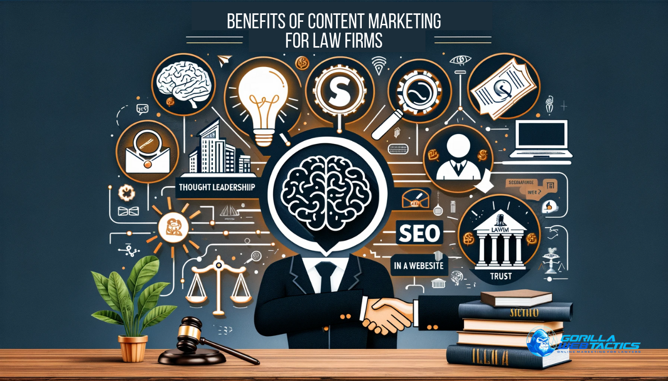 Illustration of the benefits of content marketing for law firms, featuring a lightbulb, magnifying glass, handshake, and legal motifs, conveying thought leadership, SEO improvement, and trust-building.