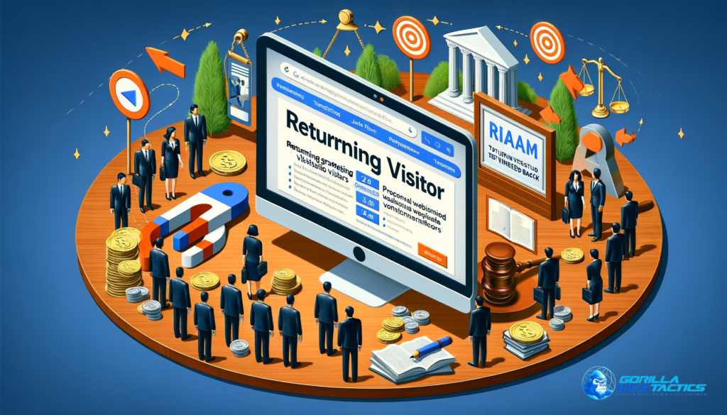 A landscape image showcasing the implementation of remarketing strategies in PPC campaigns for law firms. The image features a computer screen with a remarketing ad targeting previous website visitors, indicated by 'returning visitor' tags and icons. Surrounding elements like arrows circling back and a magnet drawing in people icons symbolize the re-engagement of potential clients. Legal symbols such as a gavel and scales of justice are included, representing the law firm setting. The composition emphasizes the use of tailored ads to reconnect and enhance conversion rates with interested parties, presented in a professional, modern style.