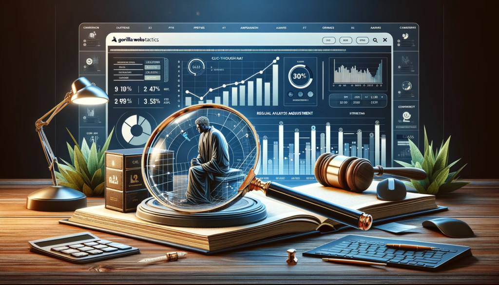 A landscape image illustrating the process of regular analysis and adjustment in law firm PPC campaigns. Central to the composition is a digital dashboard displaying various analytics metrics, such as click-through rates and conversion rates. Graphs and charts show performance data, highlighting the continual evaluation of campaign effectiveness. Legal imagery, like a magnifying glass over a law book, symbolizes the meticulous examination and strategy refinement. The image conveys the necessity of consistent monitoring and adjusting of PPC strategies to maximize campaign results, styled in a professional, modern manner.