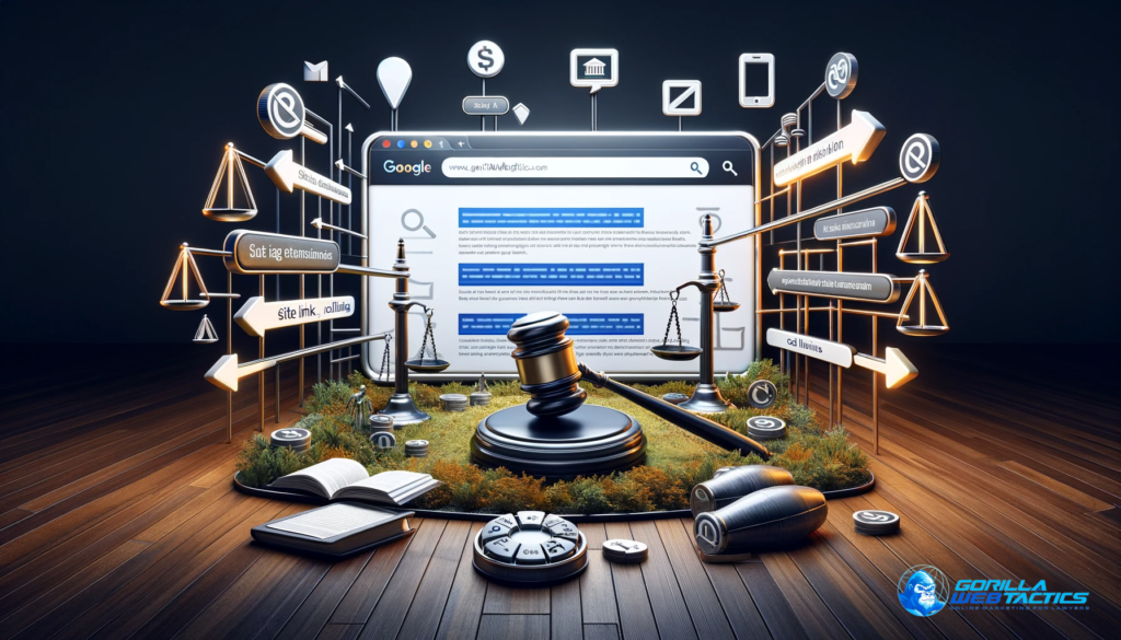 A landscape image illustrating the use of ad extensions in PPC campaigns for law firms. The image features a digital advertisement enhanced with ad extensions, including site links, callouts, and a click-to-call button. Visual elements like arrows expanding outward and icons symbolizing communication underscore the increased visibility and user engagement offered by these extensions. Legal motifs such as a gavel and scales of justice are incorporated, aligning with the legal industry context. The composition emphasizes the benefits of ad extensions in boosting click-through rates and engaging potential clients, styled in a professional, modern manner.